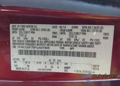 2015 Ford Escape S z USA, uszkodzony, nr VIN 1FMCU0F75FUA07805